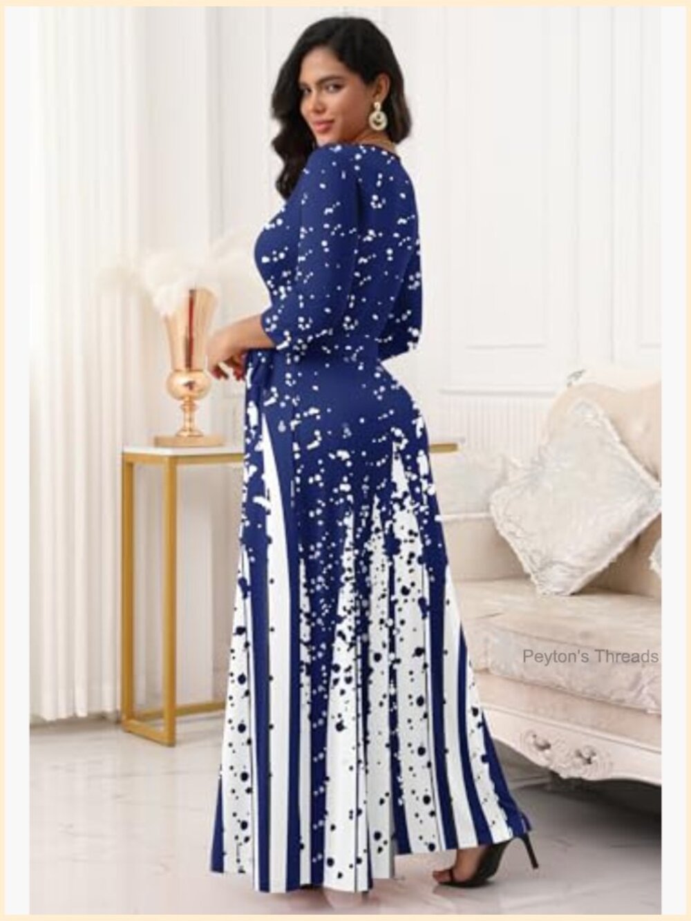 Women's V-Neck 3/4 Sleeve Maxi Dress with Tie Waist - Casual Flowy Silhouette - Picture 3 of 7